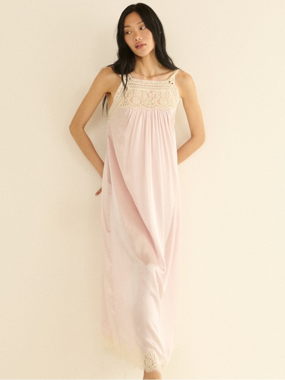 NWT Doen Luciane Silk Lace Rosette Midi Maxi Dress Powder Rose Pink